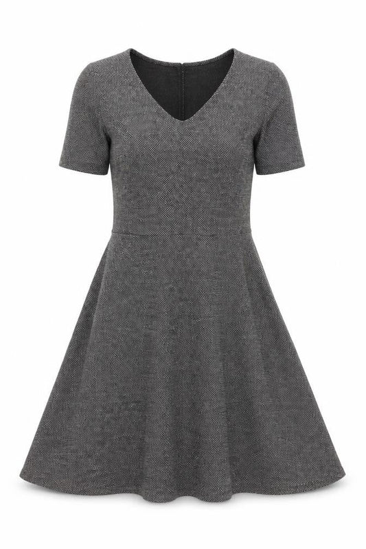 H&M Women’s Grey Fit & Flare Dress Size S V-Neck Knee Length