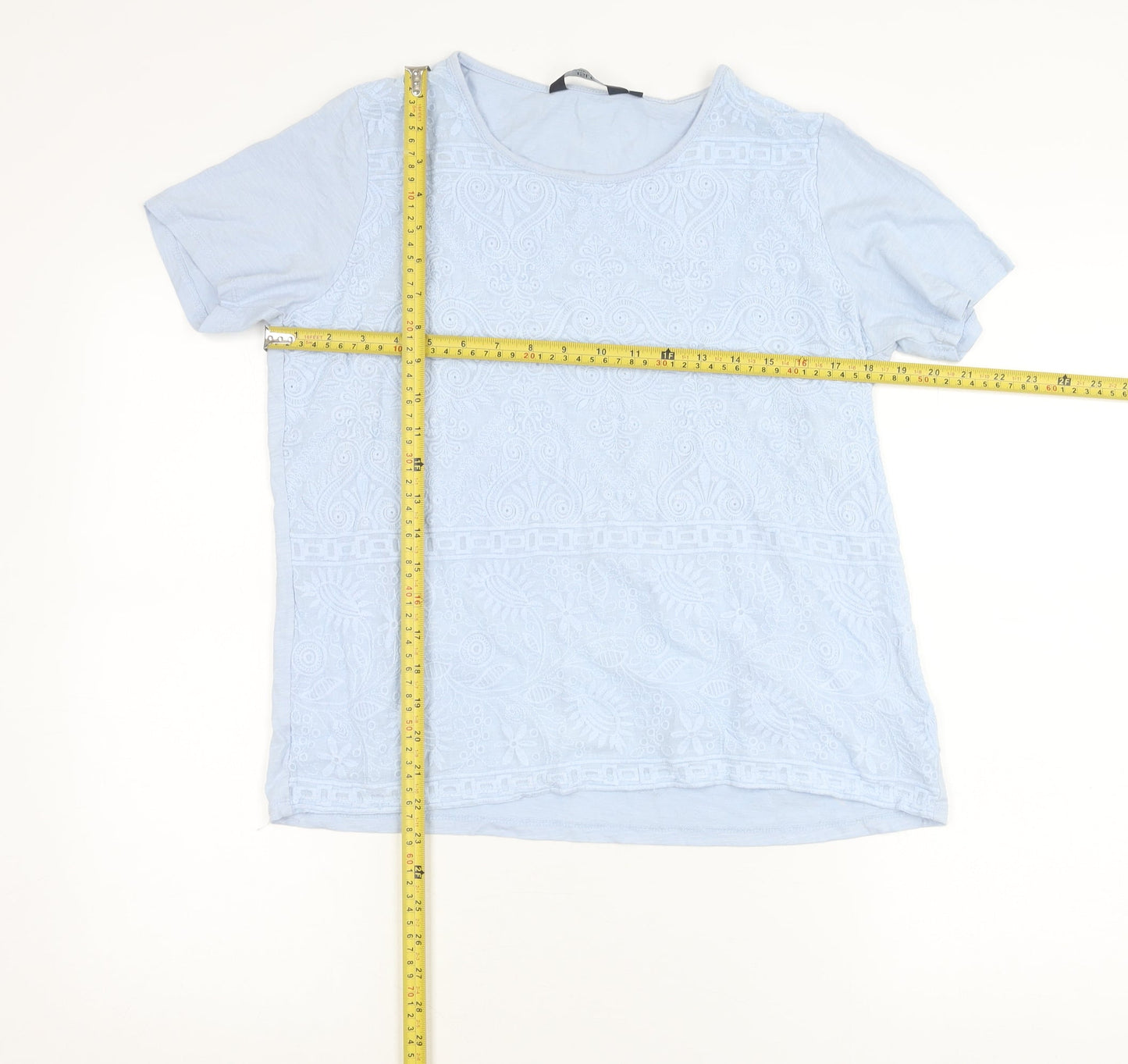 Isle Essentials Women Blue Cotton Embroidered T-Shirt Size 14