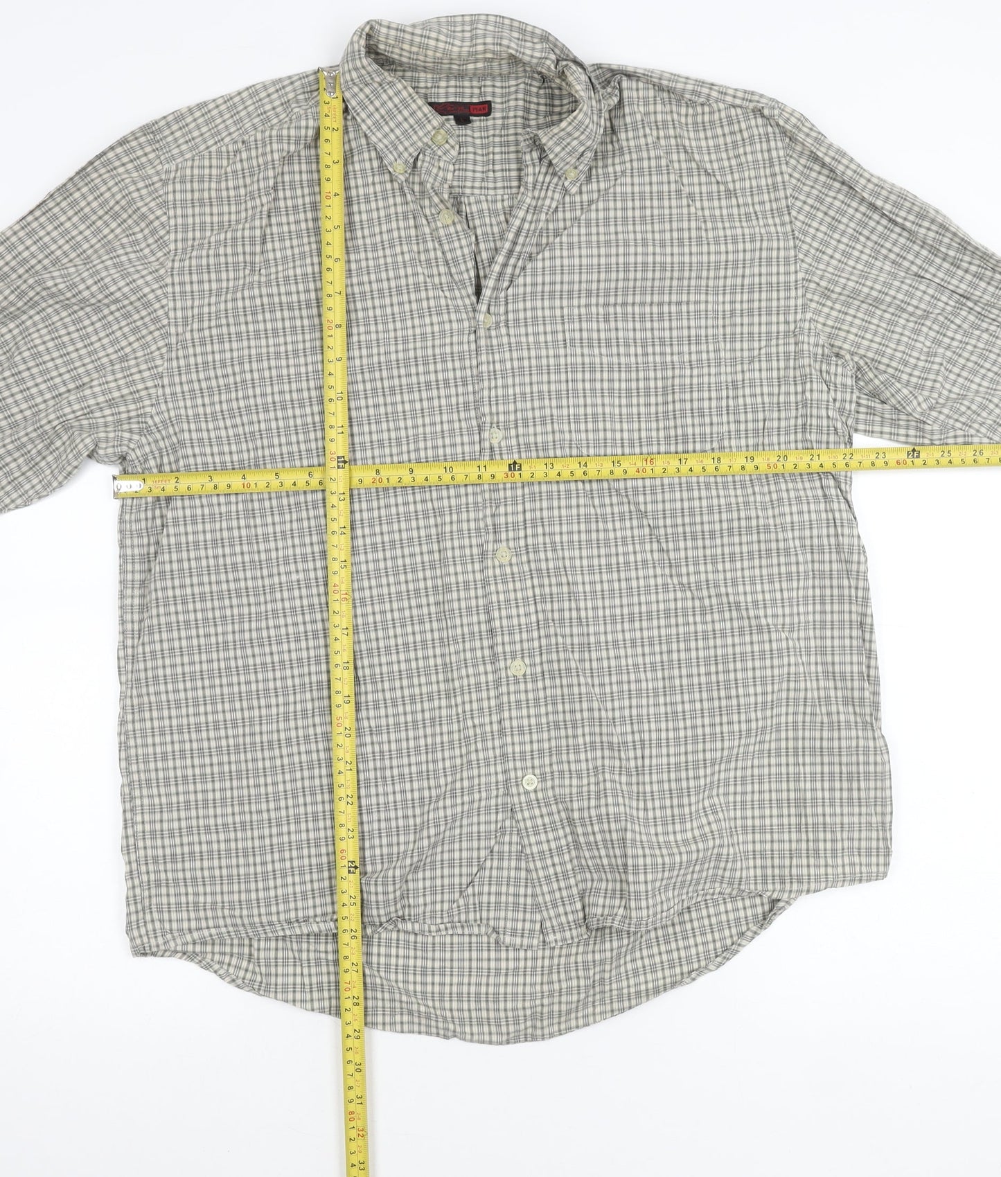 George Men’s Grey Check Long Sleeve Button-Up Cotton Shirt L