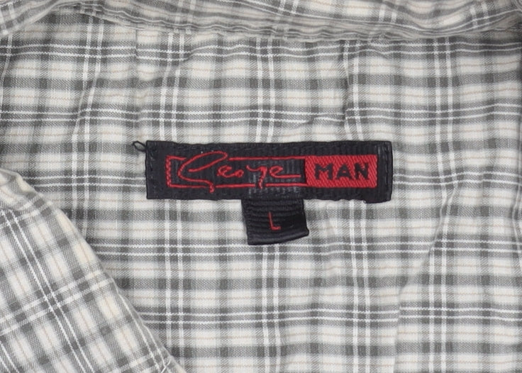 George Men’s Grey Check Long Sleeve Button-Up Cotton Shirt L