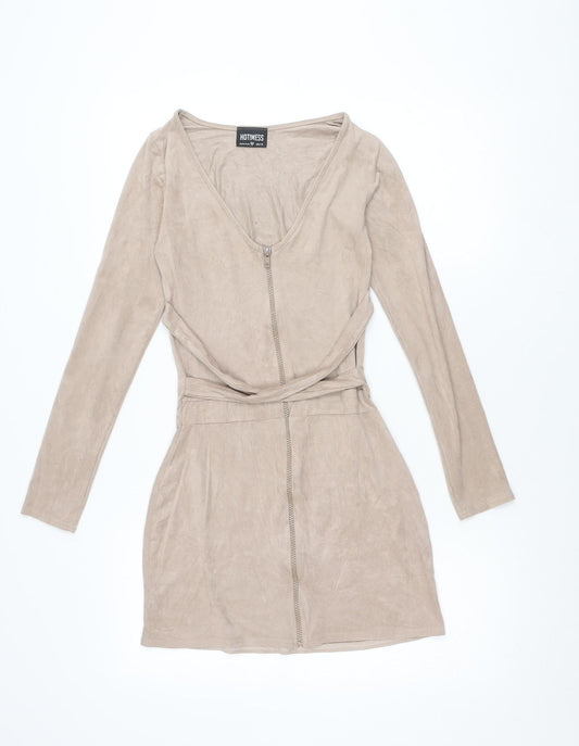 HOT!MESS Women’s Beige XS Wrap Dress Long Sleeve Velour Zip