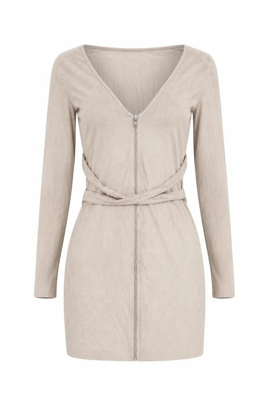 HOT!MESS Women’s Beige XS Wrap Dress Long Sleeve Velour Zip