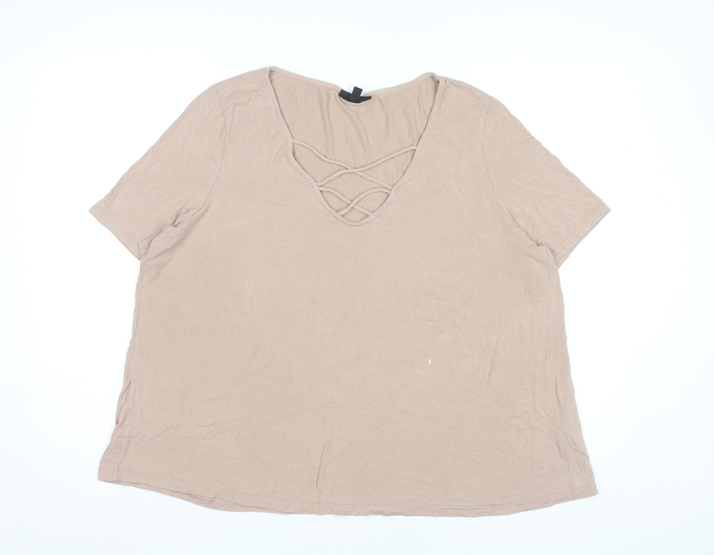 Topshop Womens Beige Size 16 Short Sleeve Cotton V-Neck T-Shirt