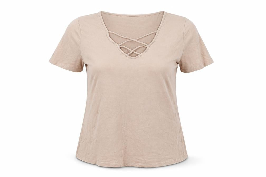 Topshop Womens Beige Size 16 Short Sleeve Cotton V-Neck T-Shirt