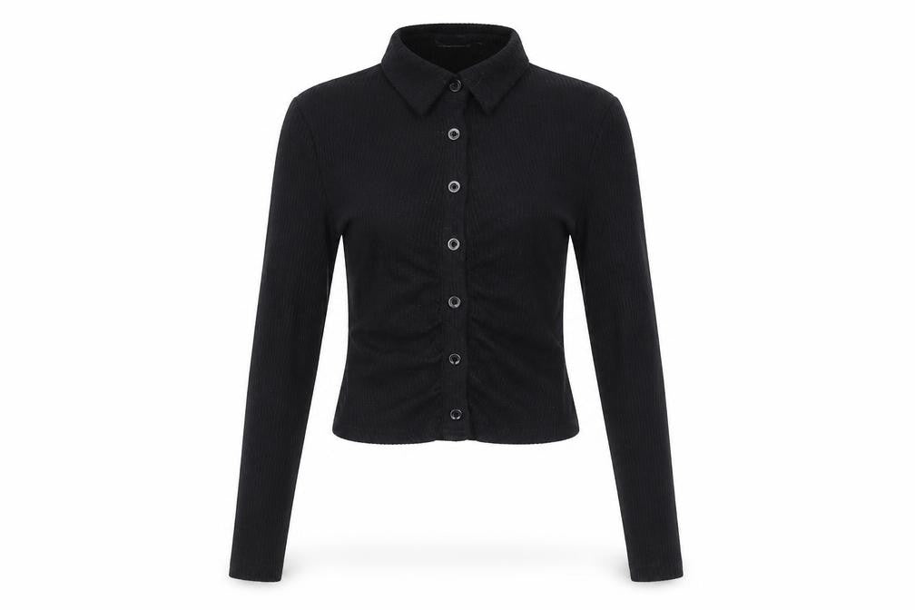 PRETTYLITTLETHING Women’s Black Cropped Button-Up Shirt Size 8