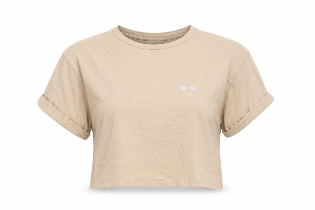 H&M Divided Women’s Beige Cropped T-Shirt Size 8 Embroidered