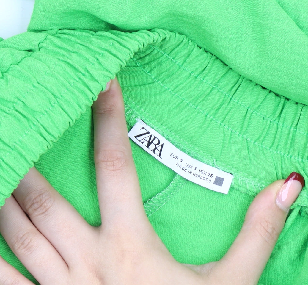 Zara Women Green Paperbag Wide-Leg Trousers Size S