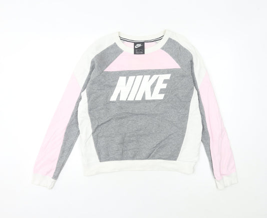 Nike Women’s Grey Pink Colourblock Sweatshirt Size 8 Logo Pullover