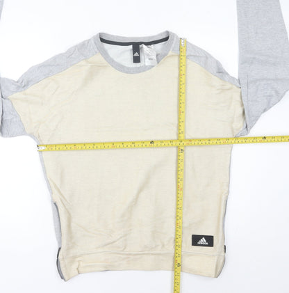 Back view of Adidas women’s grey beige sweatshirt, size UK 14, pullover raglan