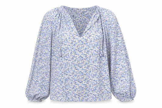 H&M Womens Blue Floral Cotton Tunic Blouse XS Long Sleeve