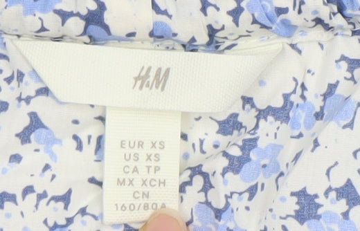 H&M Womens Blue Floral Cotton Tunic Blouse XS Long Sleeve