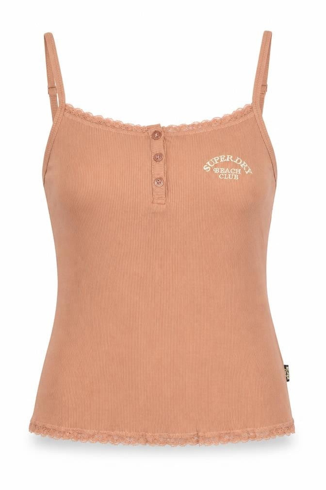 Superdry Womens Brown Lace Trim Tank Top Size 12 Slim Fit Camisole