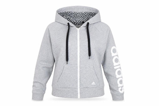 Adidas Womens Grey Full Zip Hoodie Size 6 UK Logo Print Cotton Blend