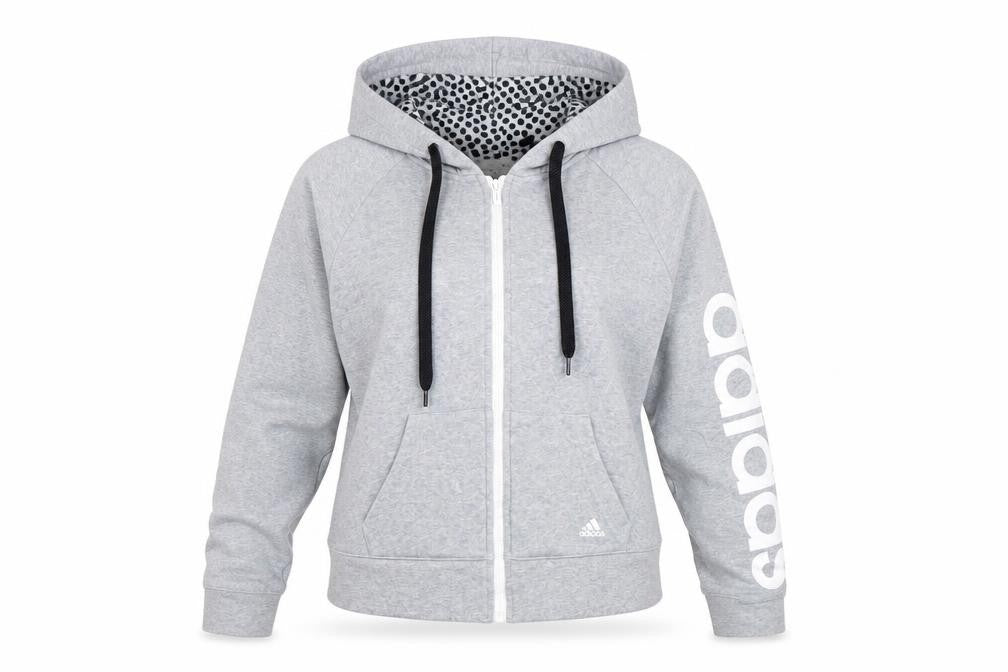 Adidas Womens Grey Full Zip Hoodie Size 6 UK Logo Print Cotton Blend