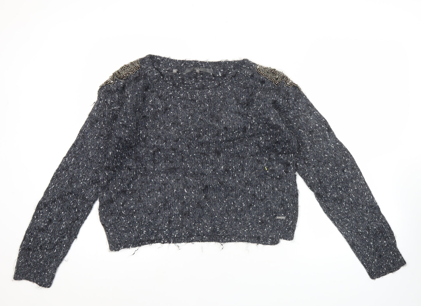 Guess Women Grey Beaded Crew Neck Chunky Knit Jumper Size 12