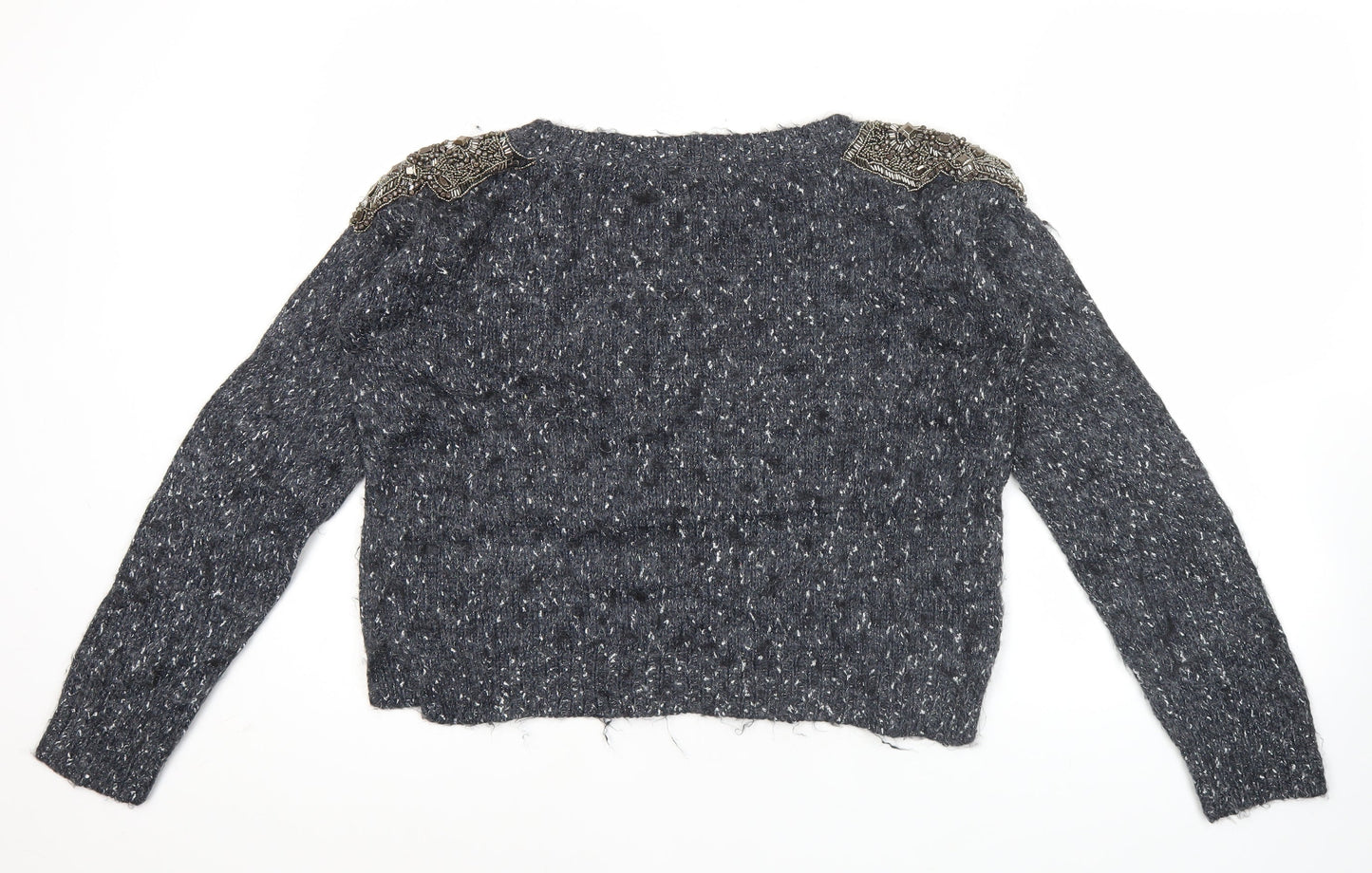 Guess Women Grey Beaded Crew Neck Chunky Knit Jumper Size 12