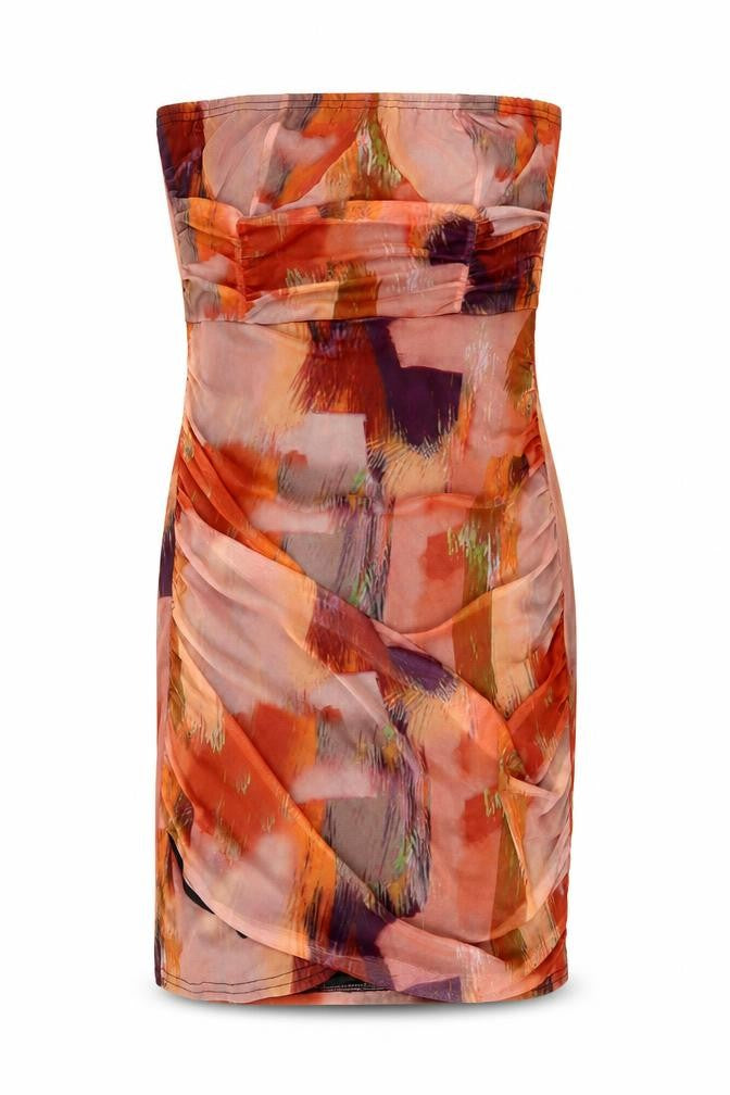 PRETTYLITTLETHING Women’s Multicoloured Bodycon Strapless Ruched Dress Size 16