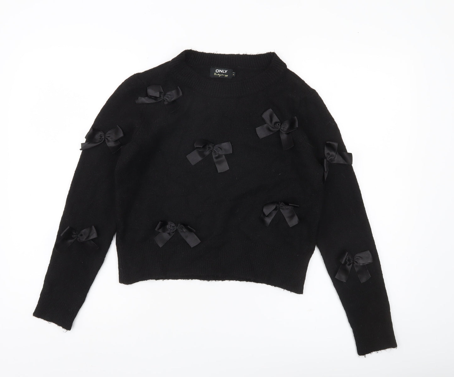 ONLY Womens Black XS Bow Accent Crew Neck Knit Jumper