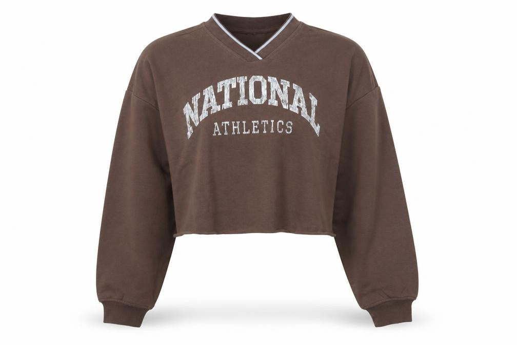 H&M Divided Women’s Brown Cropped Sweatshirt Size 12 V-Neck Logo Print