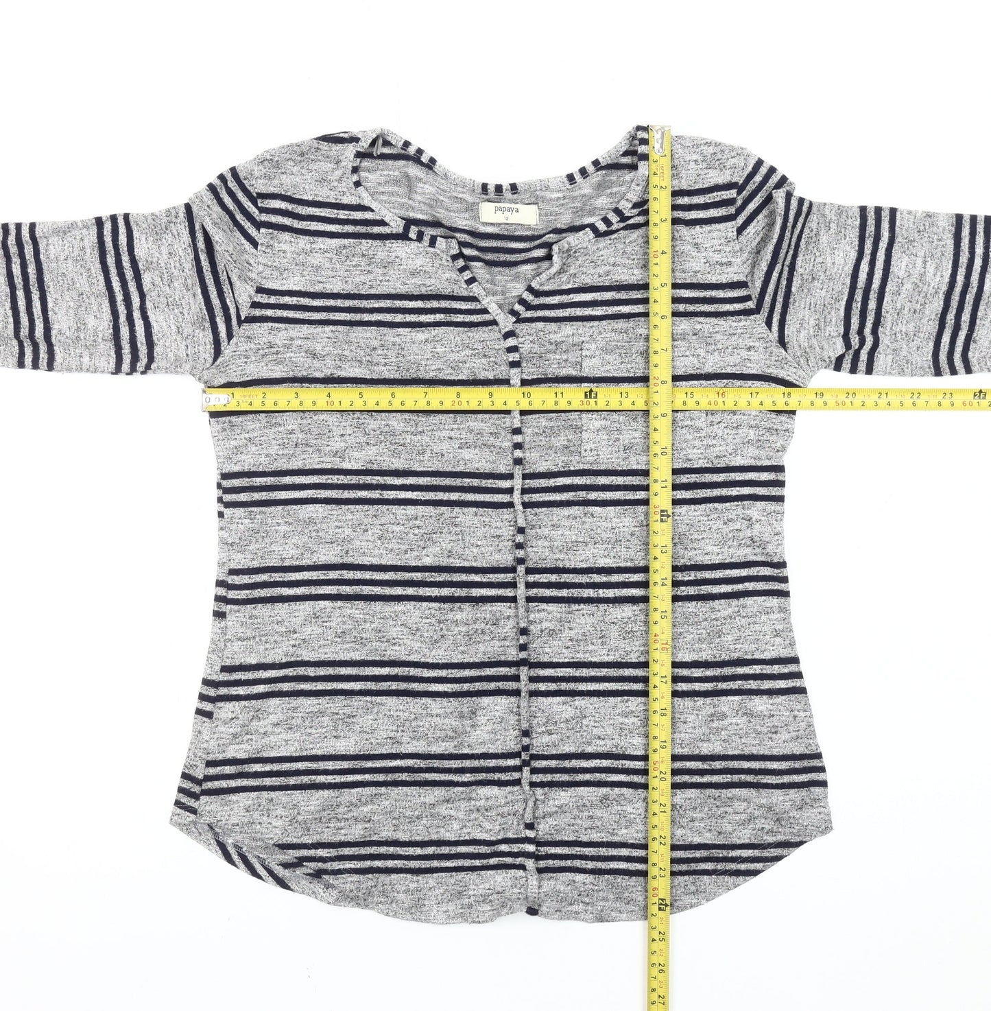 Papaya Women’s Grey Striped Cardigan UK 12 3/4 Sleeve Knit