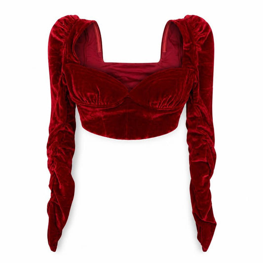 Oh Polly Womens Red Velvet Cropped Blouse UK 12 Slim Fit Long Sleeve