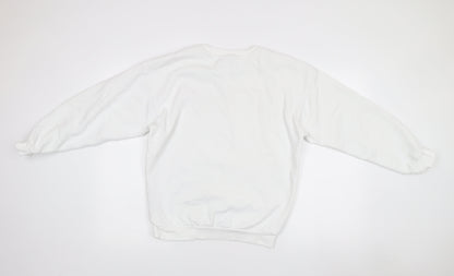 Close-up detail of Adidas women’s white xs pullover logo sweatshirt long sleeve