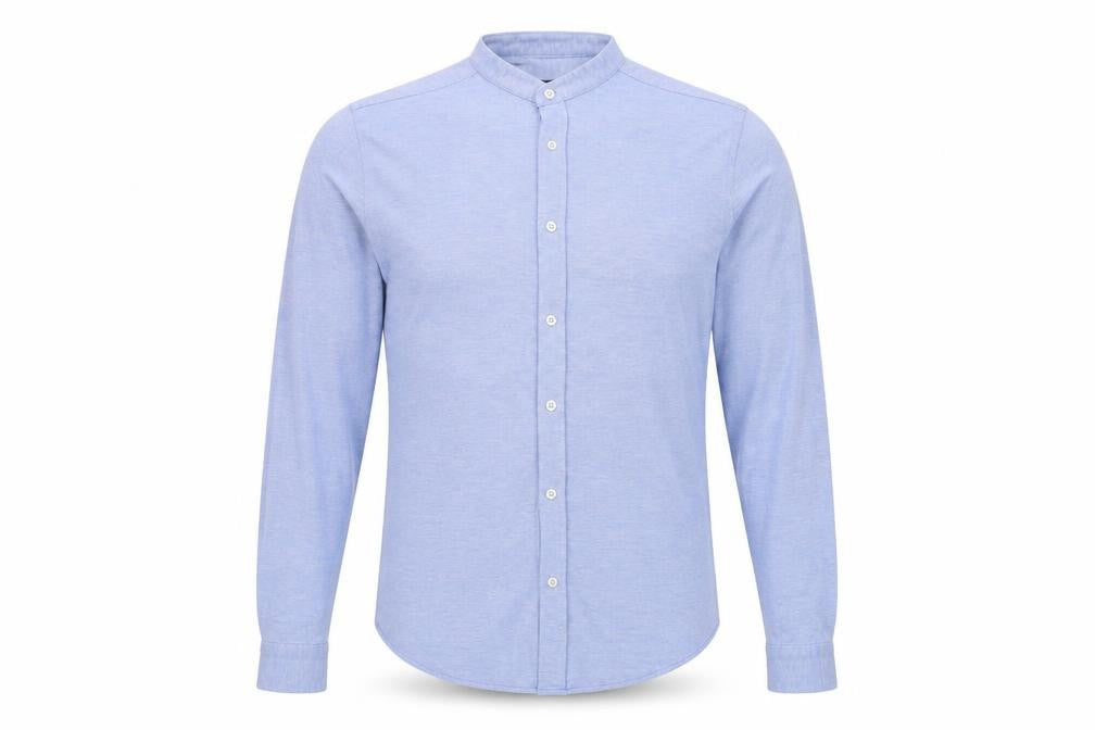 Zara Men's Blue Slim Fit Band Collar Long Sleeve Cotton Shirt M