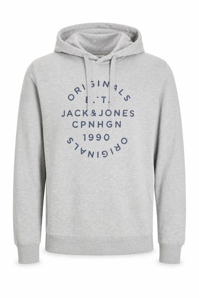 Jack & Jones Mens Grey Pullover Hoodie M Logo Print Casual Cotton