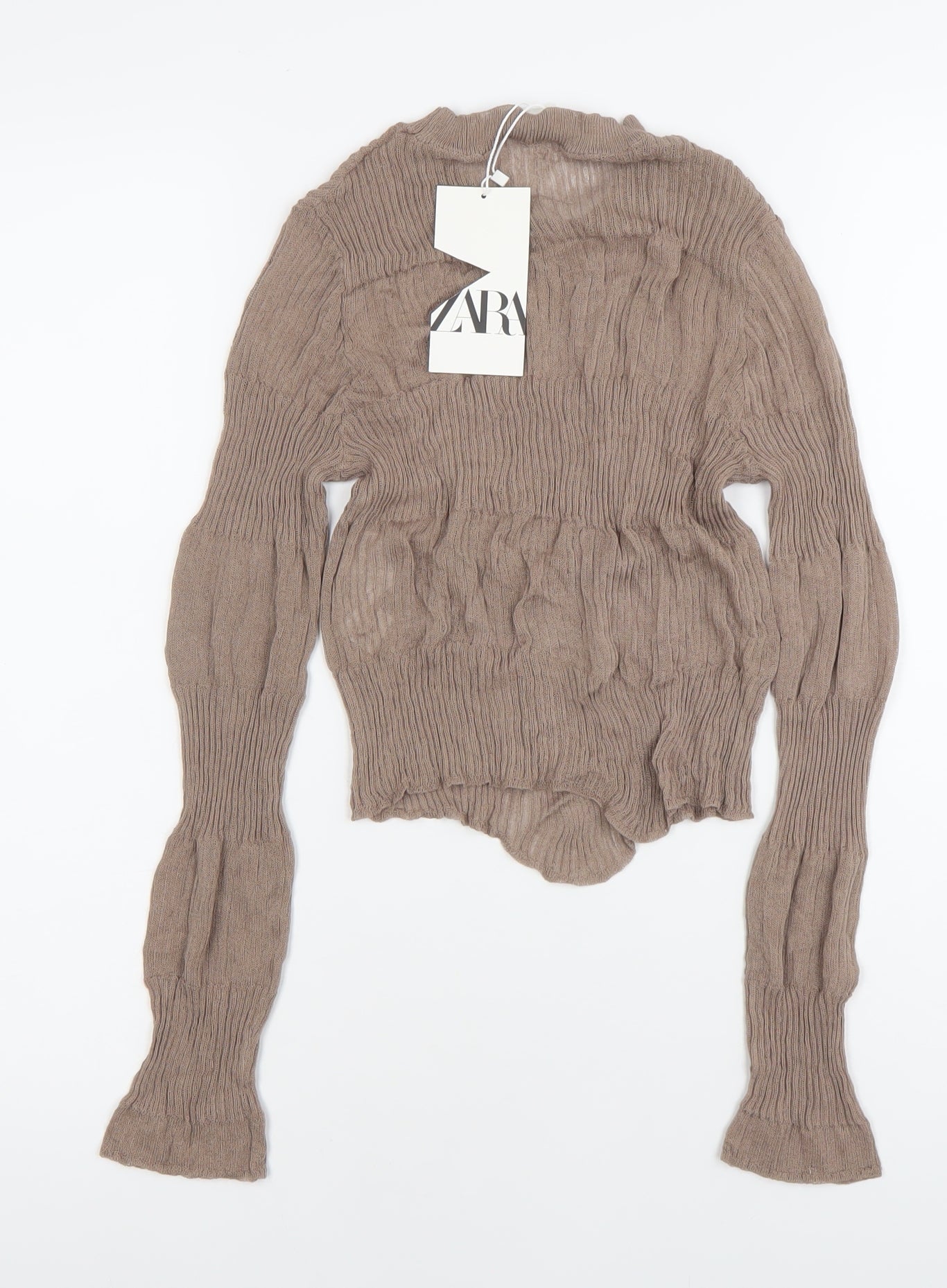 Zara Women Brown Knit Long Sleeve Crew Neck Blouse Size M