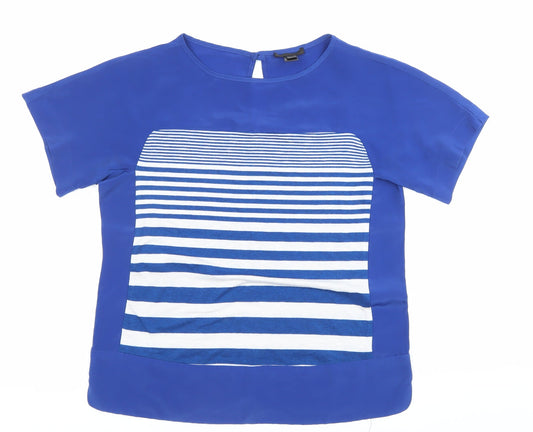 MNG Collection Womens Blue Striped Blouse Size 10 Short Sleeve