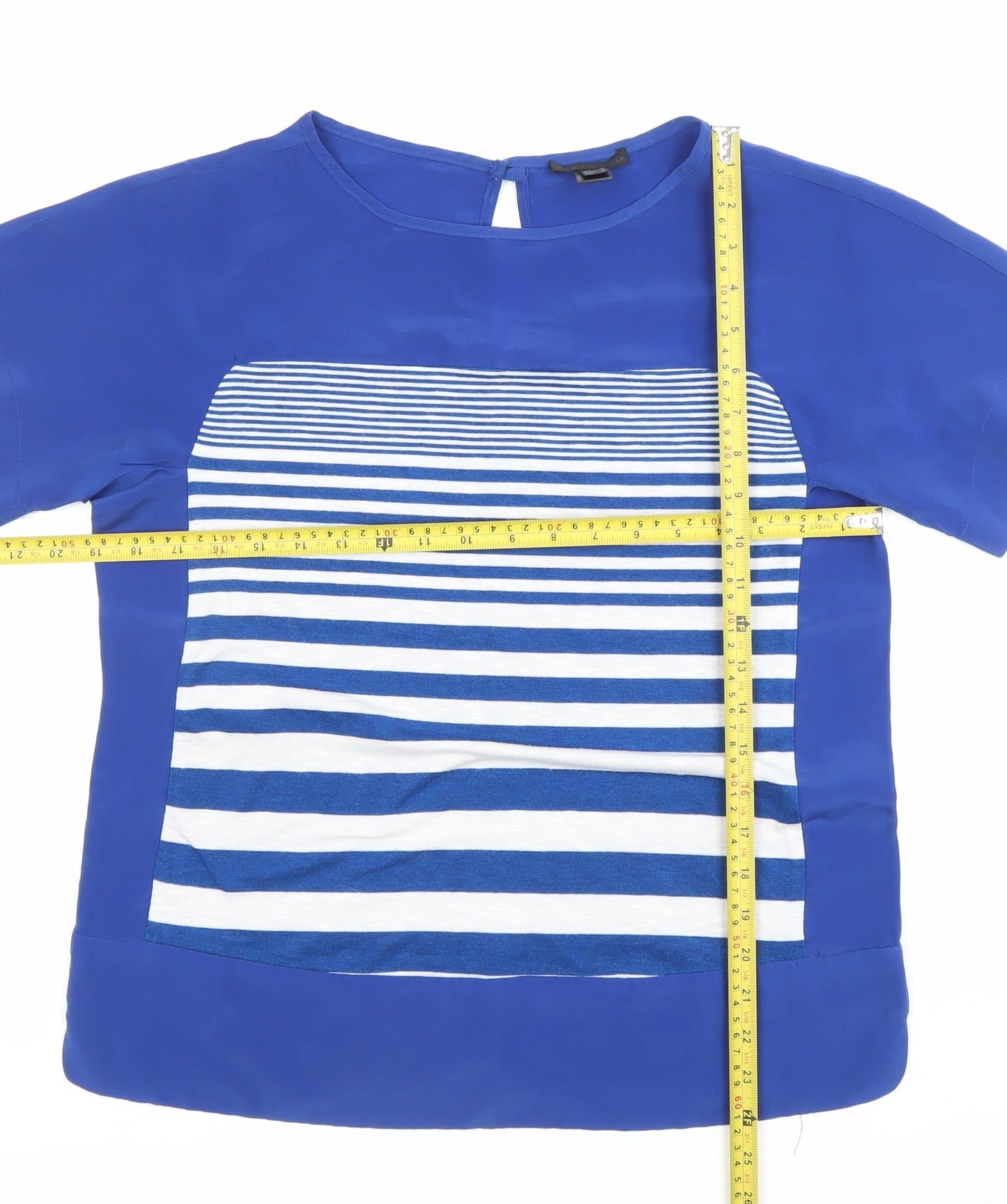 MNG Collection Womens Blue Striped Blouse Size 10 Short Sleeve