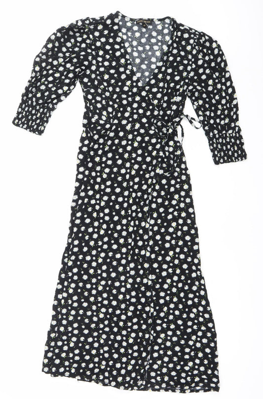 Mystic Threads Womens Black Floral XS Midi Wrap Dress Long Sleeve