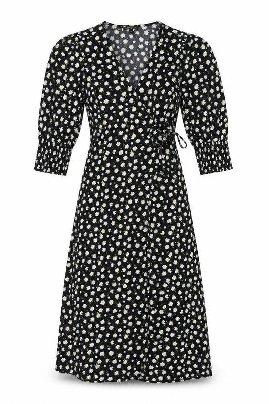Mystic Threads Womens Black Floral XS Midi Wrap Dress Long Sleeve