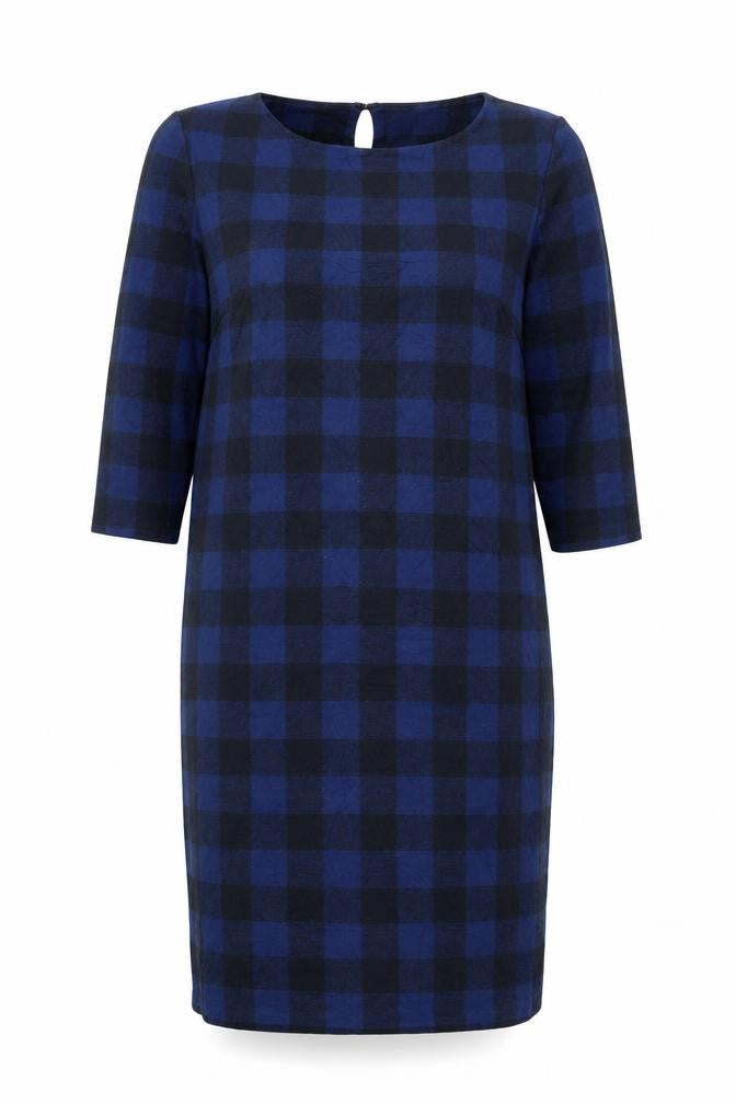 Pomodoro Women’s Blue Check Shift Dress Size 14 Round Neck 3/4 Sleeve