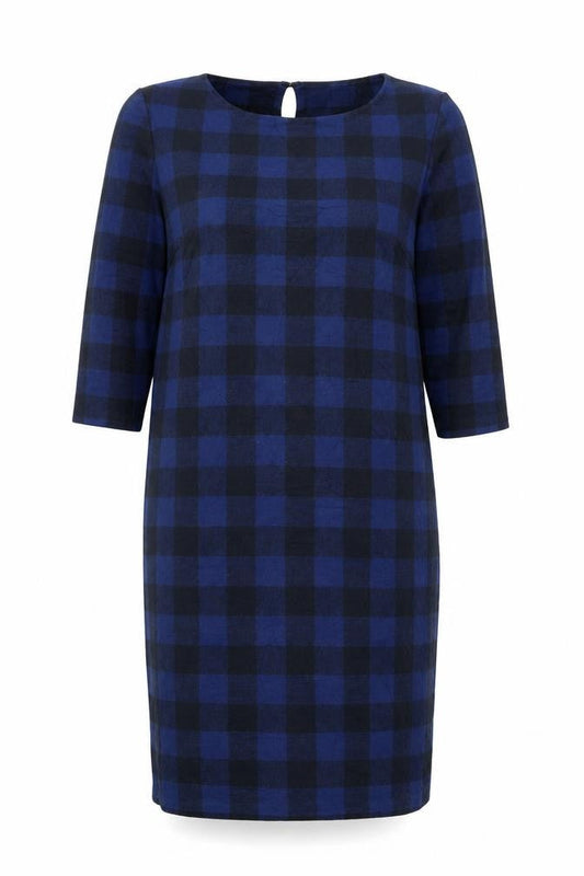 Pomodoro Women’s Blue Check Shift Dress Size 14 Round Neck 3/4 Sleeve