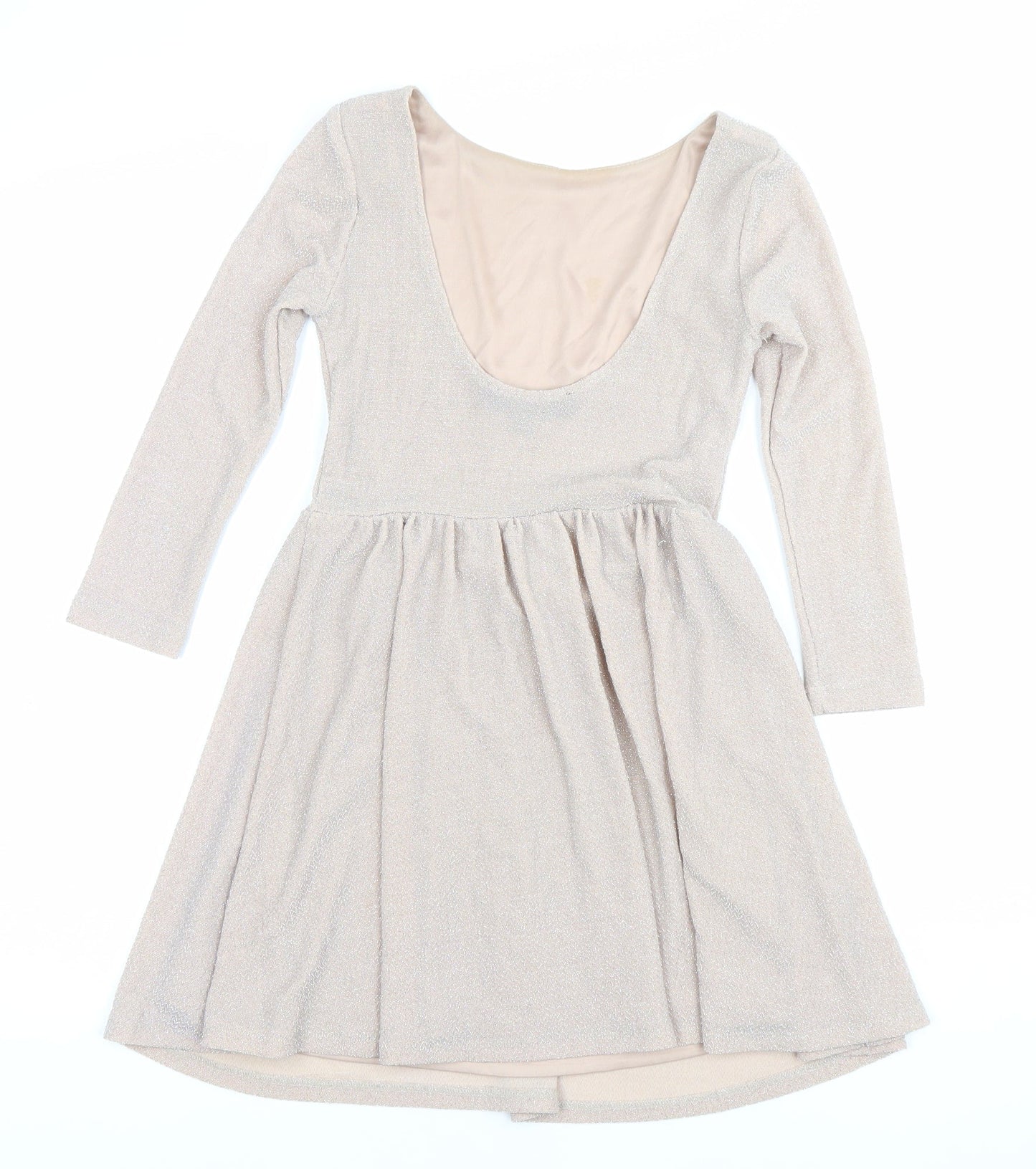 Topshop Women’s Beige Glitter Skater Dress Size 8 Long Sleeve Scoop Neck