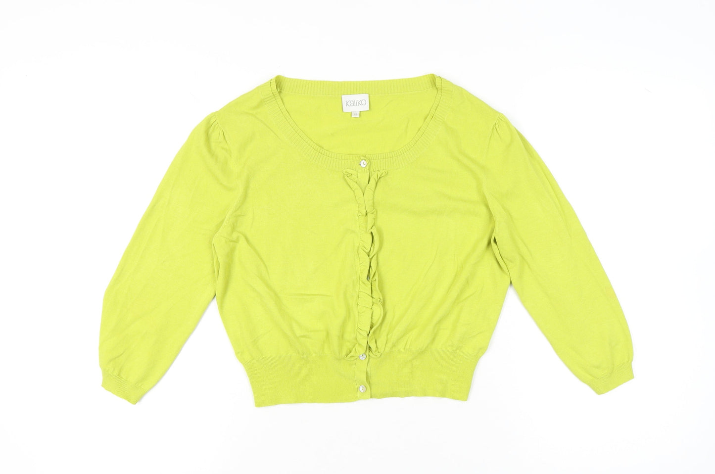 Kaliko Womens Green Cardigan Size 14 Knit Ruffle Scoop Neck