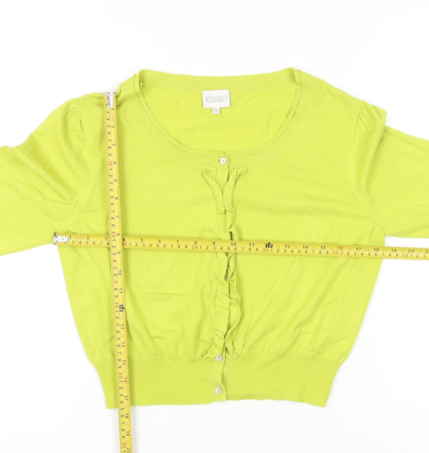 Kaliko Womens Green Cardigan Size 14 Knit Ruffle Scoop Neck
