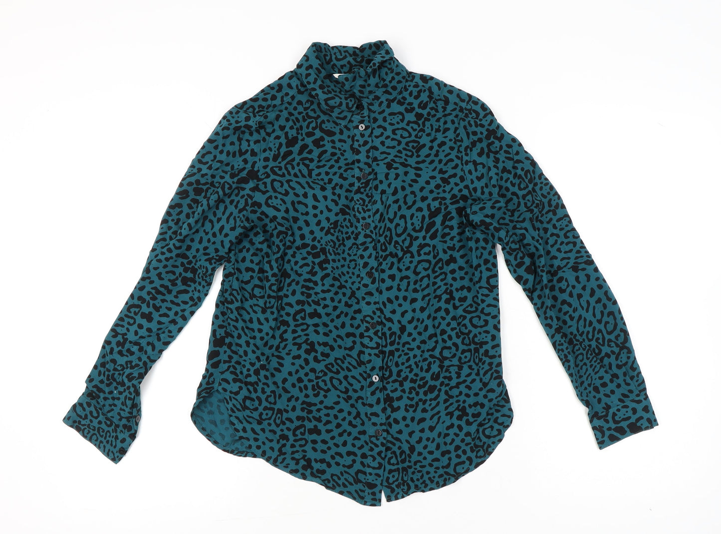 Hush Womens Blue Leopard Print Button Up Shirt Size 8 Long Sleeve