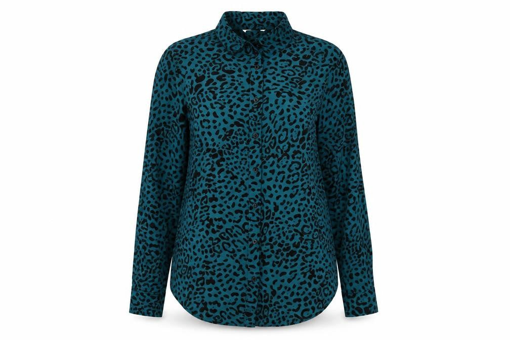 Hush Womens Blue Leopard Print Button Up Shirt Size 8 Long Sleeve