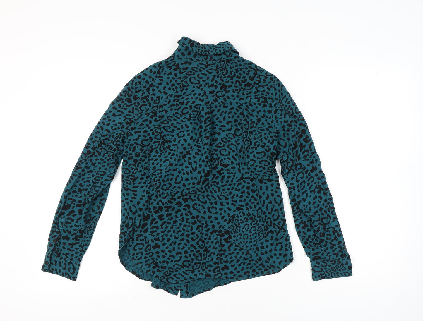 Hush Womens Blue Leopard Print Button Up Shirt Size 8 Long Sleeve