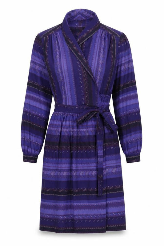 Lerose Women’s Purple Striped Vintage Wrap Dress Size 12 Long Sleeve