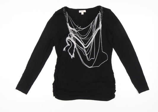Laurèl Women’s Black Embellished Tunic Blouse - Size 14 Long Sleeve Scoop Neck