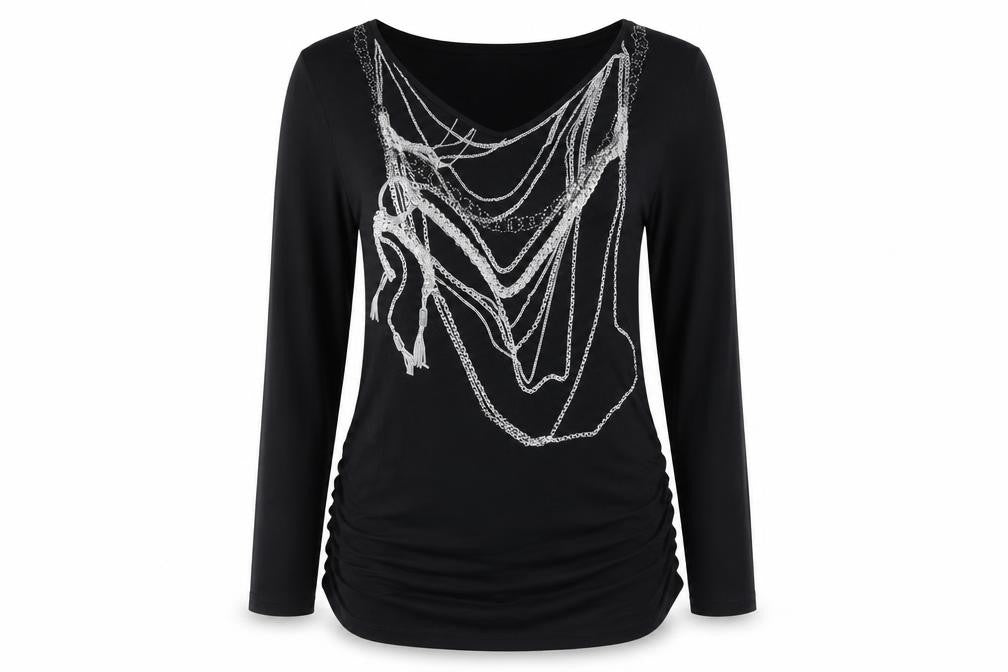 Laurèl Women’s Black Embellished Tunic Blouse - Size 14 Long Sleeve Scoop Neck