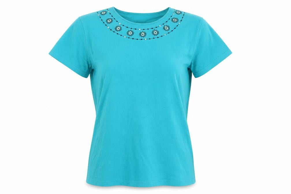 Eastex Women Blue Cotton T-Shirt Size 12 Embroidered Neckline