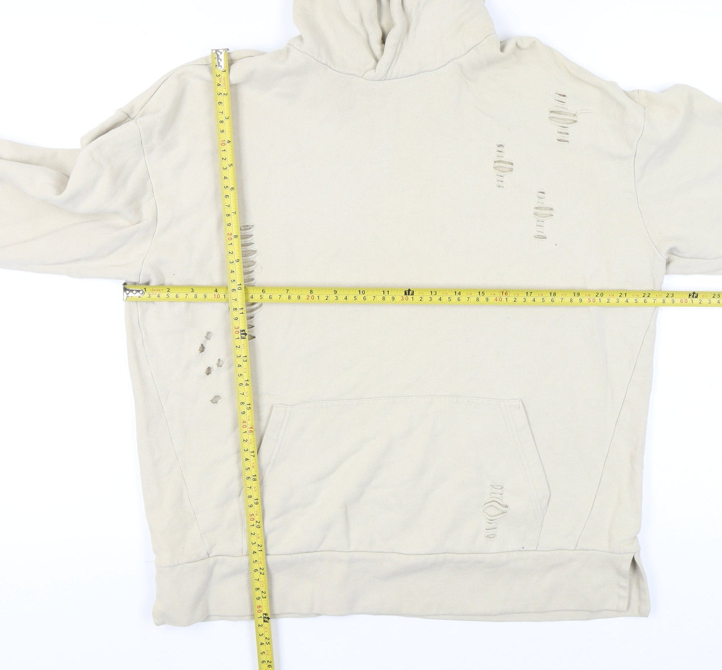 River Island Men’s Beige Distressed Pullover Hoodie M Regular Fit