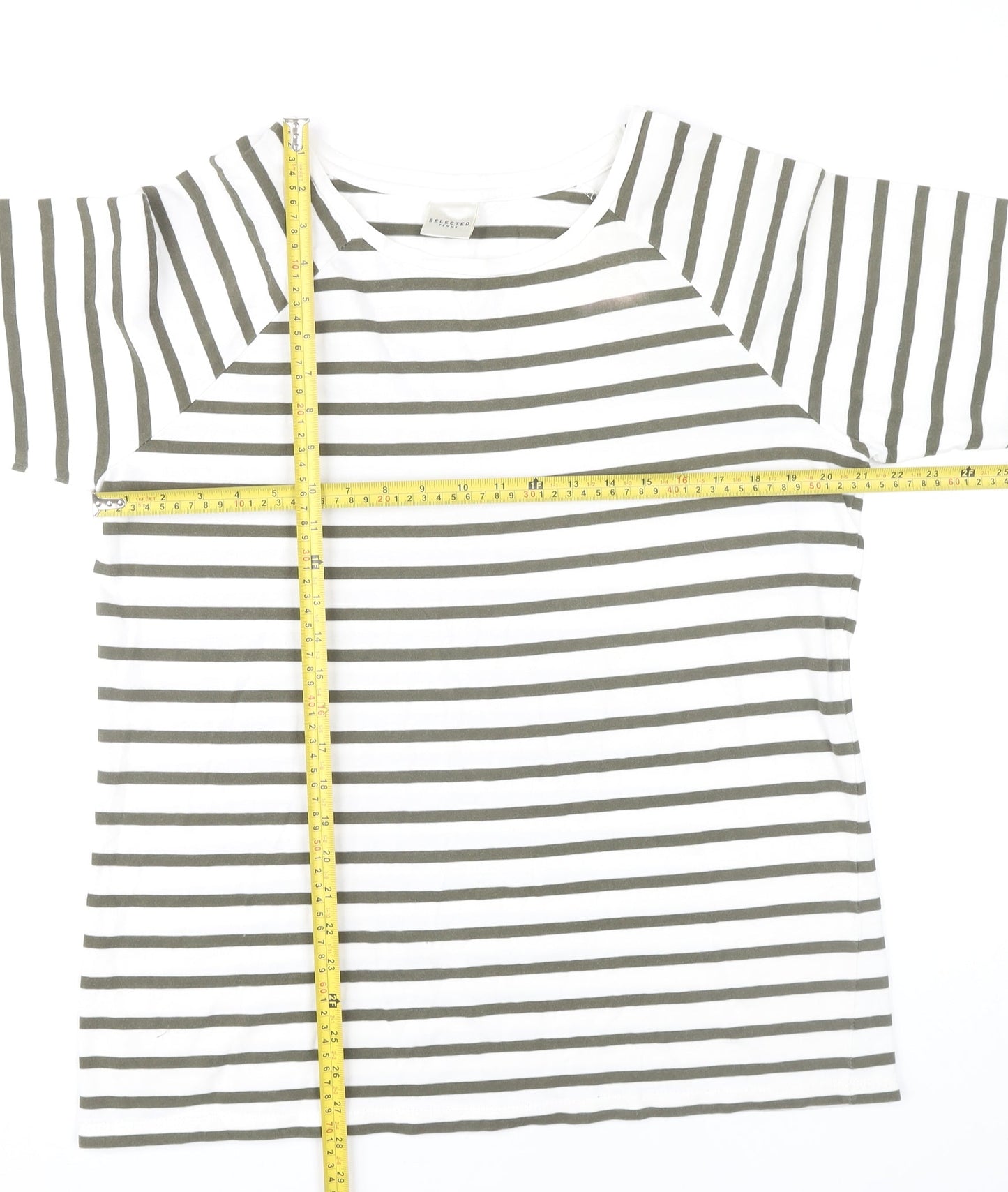 Selected Femme Women’s White Green Striped XL Boat Neck 3/4 Sleeve T-Shirt