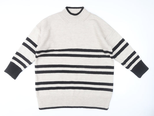 Next Women’s Beige Black Striped Pullover Jumper L Mock Neck Knitwear