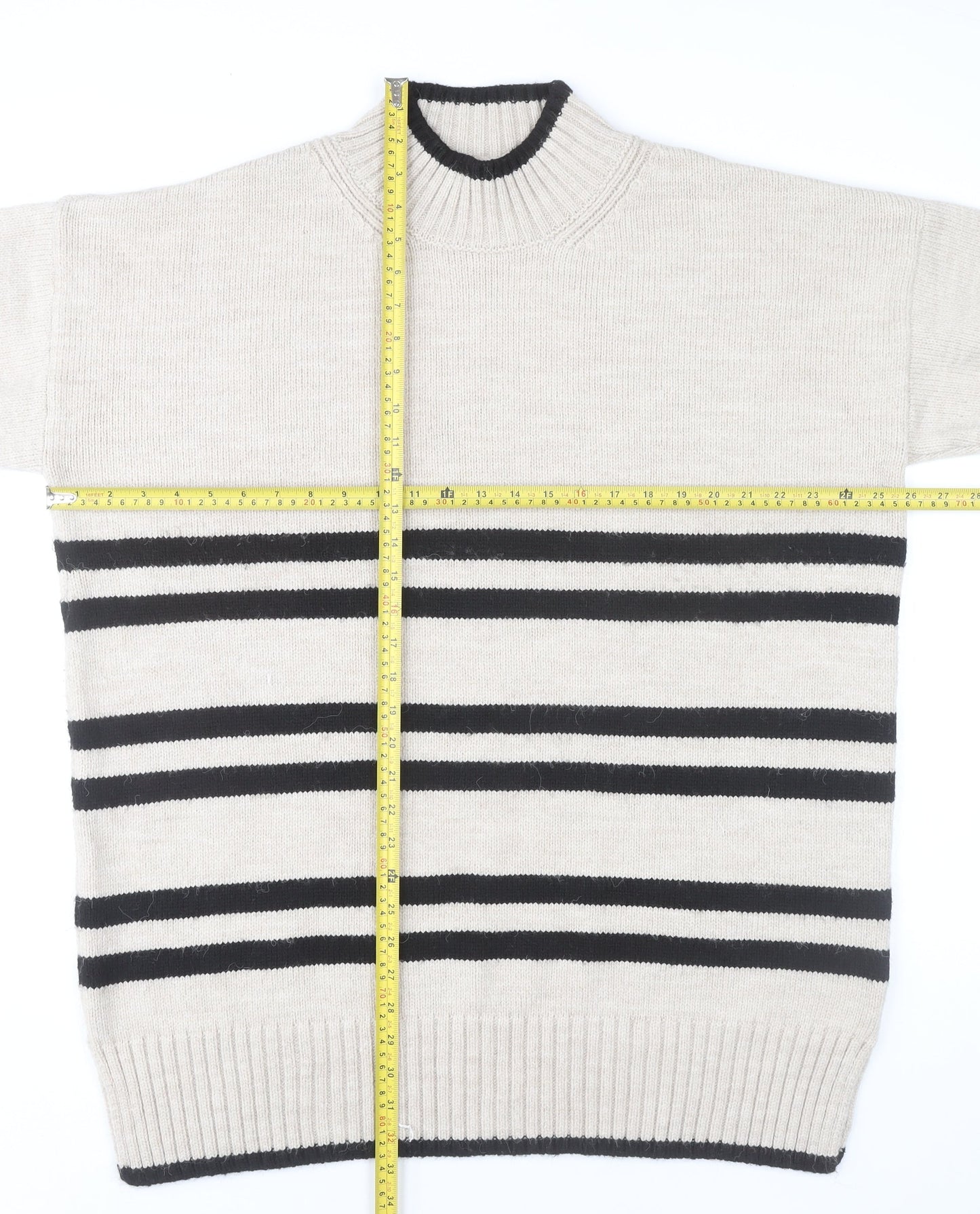 Next Women’s Beige Black Striped Pullover Jumper L Mock Neck Knitwear