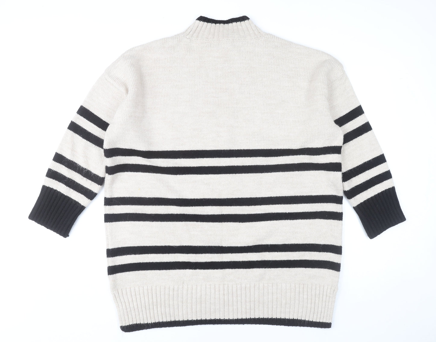 Next Women’s Beige Black Striped Pullover Jumper L Mock Neck Knitwear